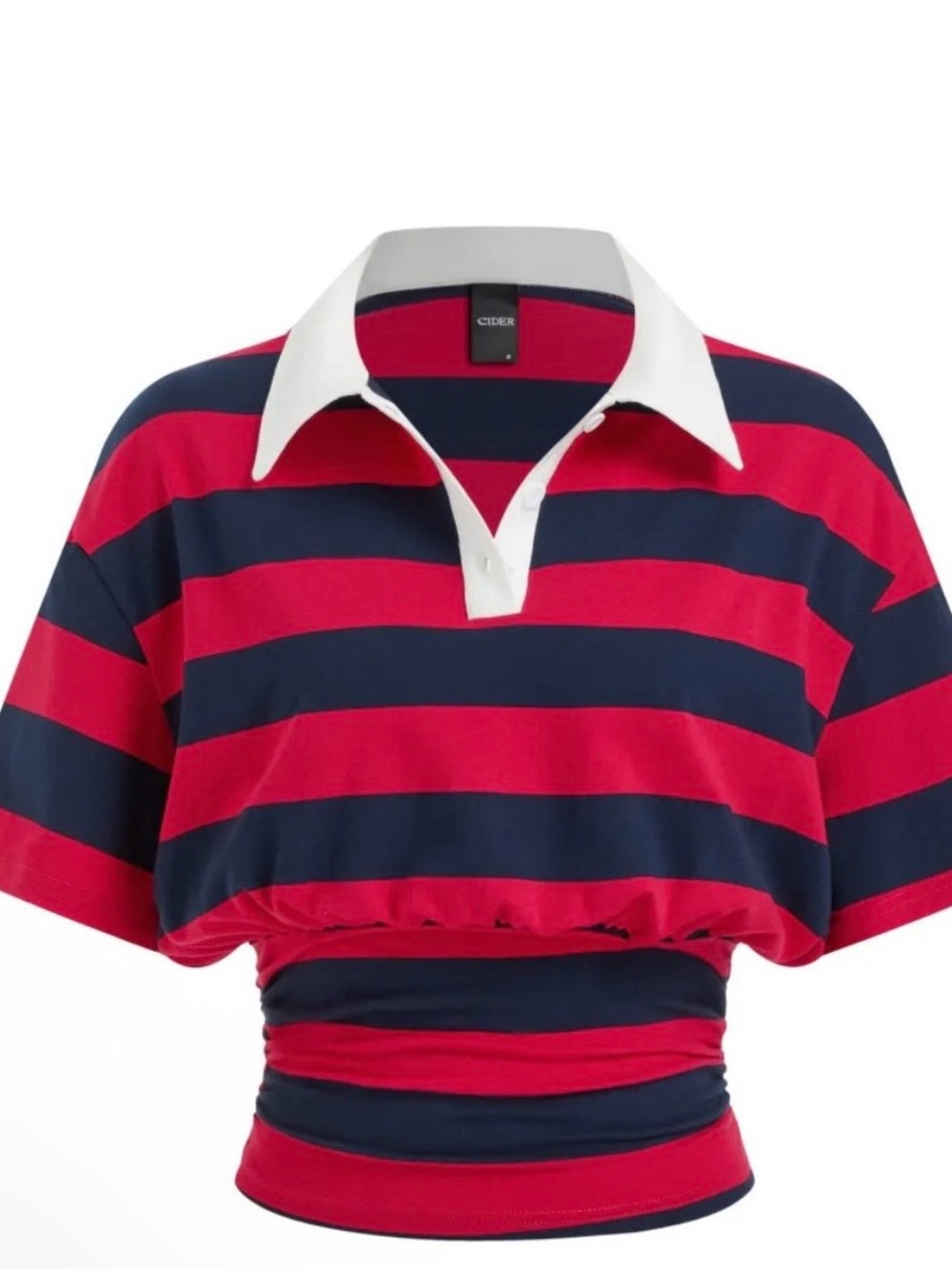Cider Red & Black Striped Polo Crop Top with White Collar